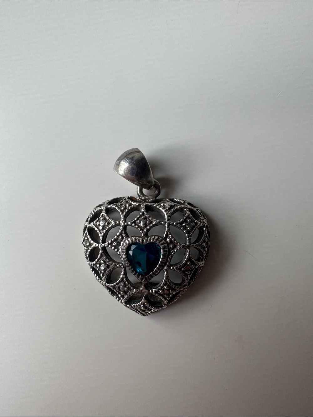 Avon Heart Filigree Pendant Sterling Silver 925 with Blue Topaz